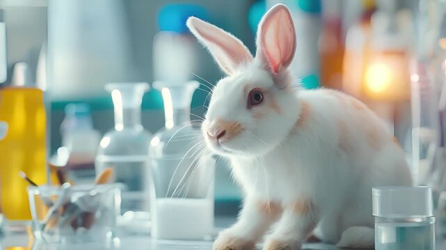 Animal test on rabbit, Scientist or pharmacist do research chemical ingredients test on animal in laboratory, Cruelty free and stop animal abuse concept	