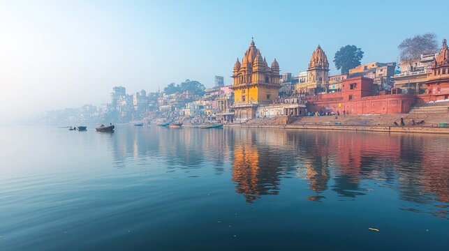 Sunrise over ganges river with temples and boats reflecting in the water