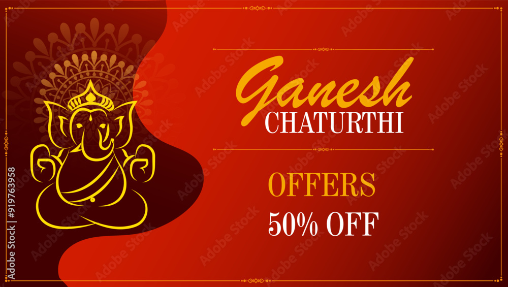 Wall mural The banner features Ganesh Chaturthi in gold text on a deep red background with a golden mandala Lord Ganesha's silhouette and 50% OFF offer below

