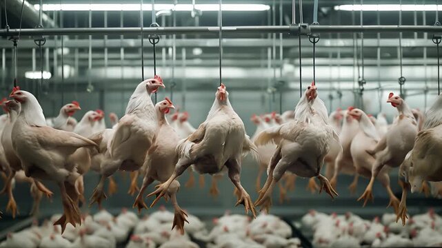 Chicken carcasses suspended on the equipment at the chicken processing factory	