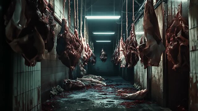 Processed beef carcasses hanging from hooks in storage area of slaughterhouse, Meat industry, Fresh raw meat ready to be shipped to the market	
