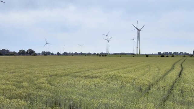 Aerial footage of wind turbines generating electricity in a vast field in Germany.