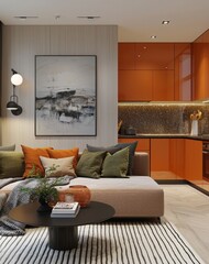 Modern small apartment interior with peach and orange color scheme showcasing cozy and stylish living space