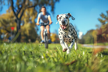 Dalmatian running alongside a cyclist in a sunny park setting