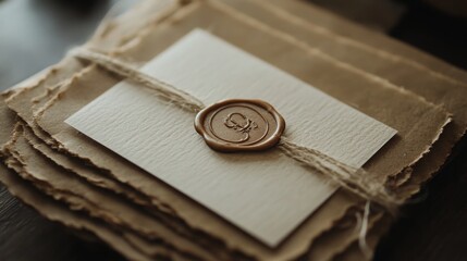 A delicate stack of handmade paper featuring a classic wax seal, tied with natural twine, showcasing artisanal details.