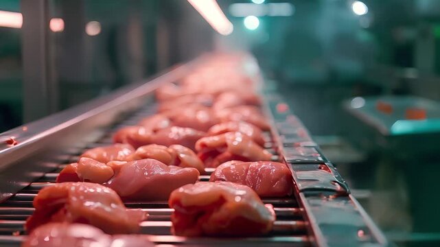 Fresh beef meat in pieces on metal work table, industry of processing food, Meat industry factory good product of food	