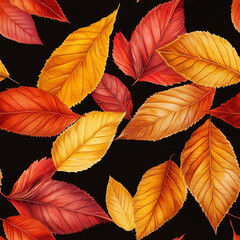 Obraz premium Seamless pattern colorful variety of fall autumn leaves with vein detail and texture isolated on black background wallpaper backdrop season nature environment change aging fall colors with no people.