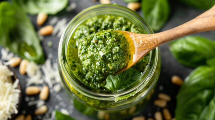 a jar of homemade basil pesto, surrounded by fresh basil leaves, pine nuts, and Parmesan cheese,...