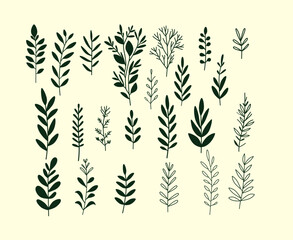 Vector illustration set of various green leafy branches in a minimalist style on a light beige background. Perfect for nature-themed designs, botanical prints, or decorative elements