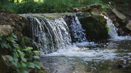 Fototapeta premium Small Waterfall in the Forest: Capturing the Serenity of Nature's Flowing River