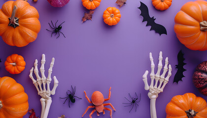 Halloween flat lay composition with pumpkins, bony hands, spiders, bats on purple background