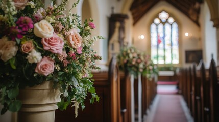 Fototapeta premium Beautifully arranged flowers adorn church aisles, creating a romantic atmosphere for a wedding ceremony, with soft light streaming through the stained glass windows.