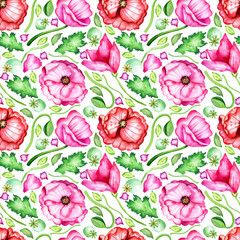 Seamless watercolor pattern. Hand drawn red, pink poppy flowers, buds, leaves, seed pods isolated on background. Design for wrapping paper, fabric printing.