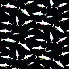 Shark pattern with neon colored fins on a black background to give it depth, for holiday seasons or various spring-summer applications.