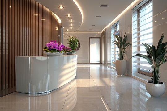 Modern medical clinic reception area with sleek interior design and potted plants