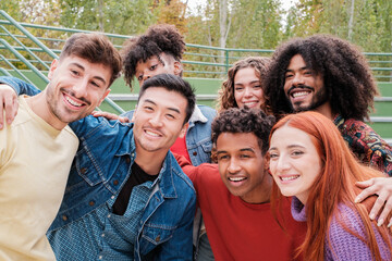 Selfie of group of multiethnic diverse young people together enjoying good times. Concept: lifestyle