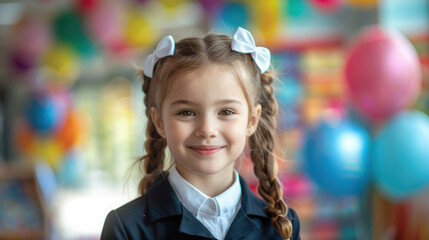 Fototapeta premium little smiling schoolgirl with braids and bows on the background of the school, first grade, September 1, back to school, holiday, education, knowledge, portrait, face, child, kid, uniform, balloons