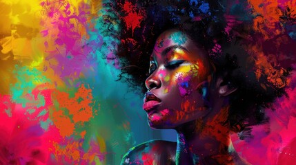 Abstract Hair. Multicoloured Painting of Beautiful African Woman with Creative Makeup