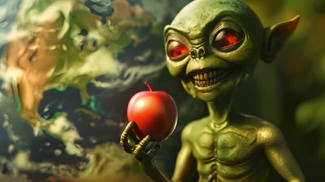 A happy dmt aliens laughing on the world, holding red apple on hand	