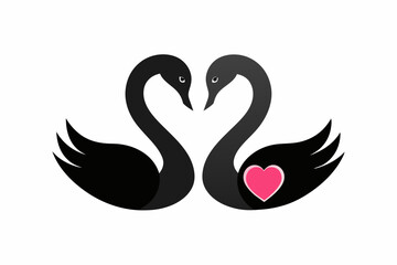 Vector design of two loving black swans on white background 