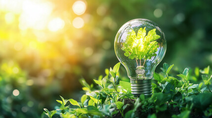 A glowing lightbulb embedded in lush greenery symbolizes the concept of green energy. Inside the bulb, vibrant green leaves are illuminated by a warm, golden light