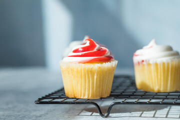 Tasty cupcakes with cream cheese frosting. Homemade muffins top view
