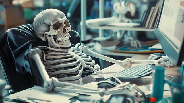 Skeleton businessman working in the office. Dead skeleton working at office	