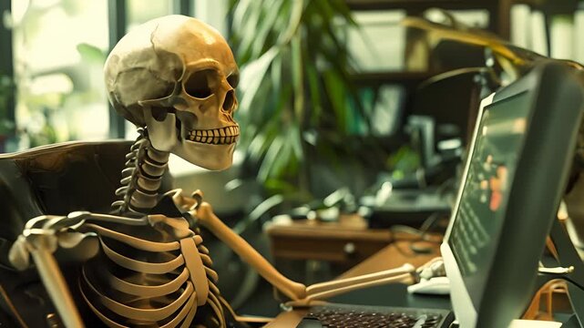 Skeleton businessman working in the office. Dead skeleton working at office	