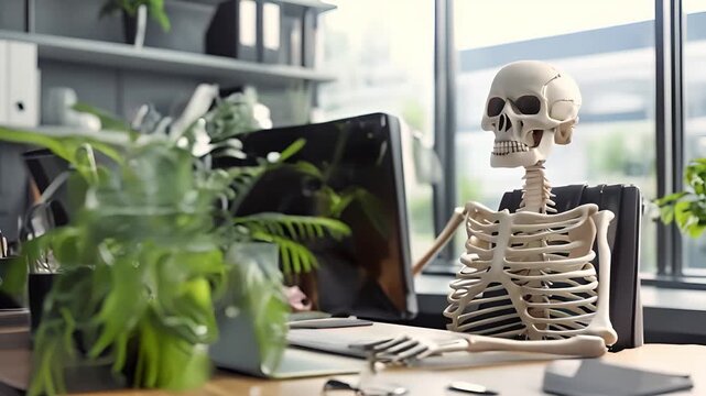 Skeleton businessman working in the office. Dead skeleton working at office	