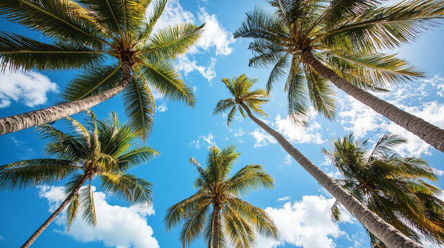 Coconut trees with a blue sky for background