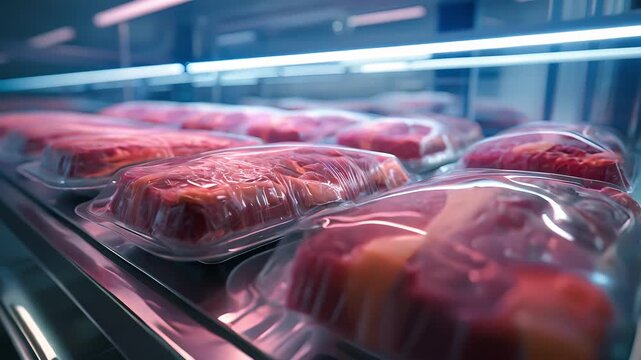 Lab grown meat samples, packaged and market-ready, created in modern laboratories	