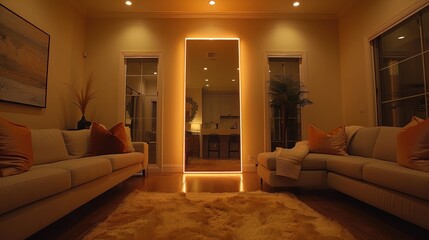 Modern Living Room with Illuminated Mirror
