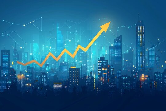Modern cityscape with upward business growth chart and illuminated skyline