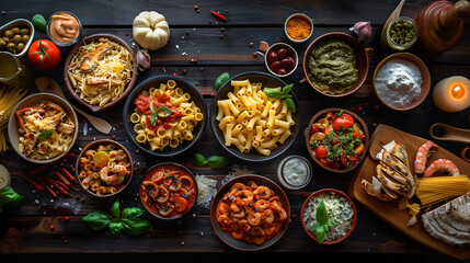 a personalized pasta bar, with bowls of different pasta shapes, sauces like marinara, Alfredo, and pesto, and toppings such as grilled chicken, shrimp, and roasted vegetables, on a dark wooden table w