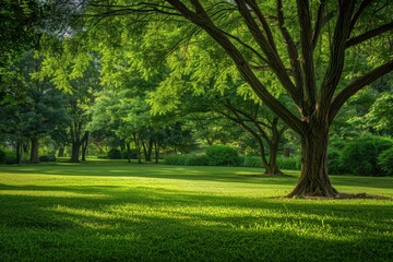 Park Setting. Beautiful Landscape with Green Trees and Lush Grass in Summer Garden
