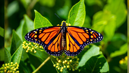 Fototapeta premium A vibrant monarch butterfly perched on a milkweed plant, with orange and black wings contrasting against the bright green leaves
