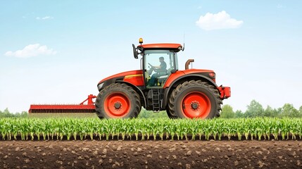 Obraz premium Tractor tilling a vibrant green field under a clear blue sky during a sunny daytime