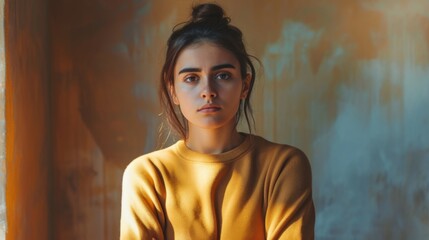 Fototapeta premium Person with a serious expression, arms crossed and looking away