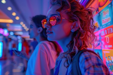 Obraz premium Friends Enjoying an Evening Together in a Vibrant Theater Lobby