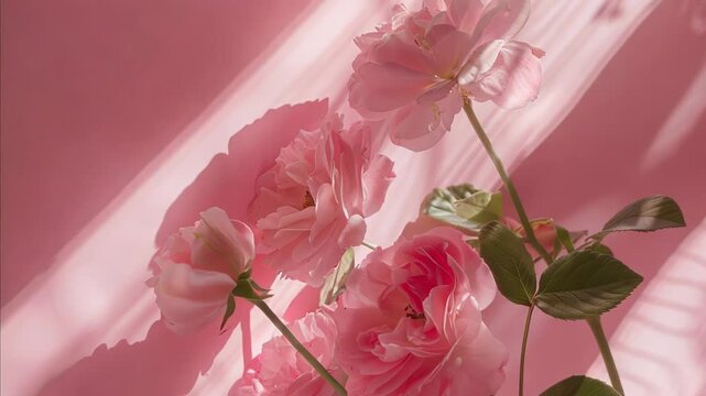 Pink peonies in a vase against a sunlit window background with horizontal blinds.