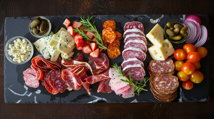 a charcuterie board with a selection of cheeses, cured meats, and fermented vegetables like pickled onions and cornichons, beautifully arranged on a dark slate board