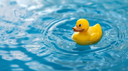 Bright yellow rubber duck floating in clear blue water