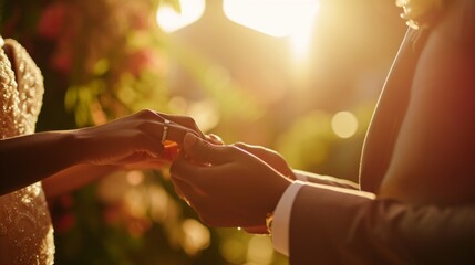 Wedding ceremony where one partner is placing a ring on the other finger