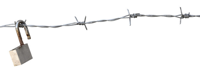 rusty lock and  barbed wire isolated