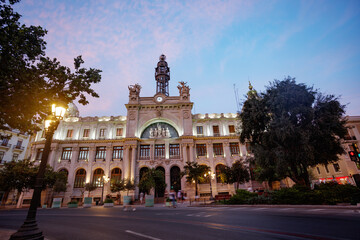 Obraz premium Palau de les Comunicacions in Valencia illuminated at evening