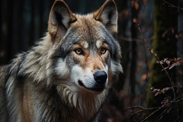 Fototapeta premium Portrait of a gray wolf in the forest watching its prey