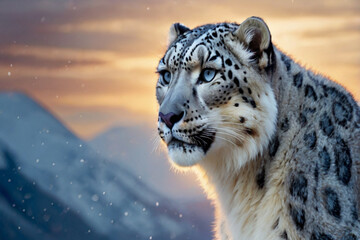 portrait of a snow leopard in nature looking close up