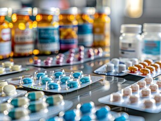 Various blister packs of pills and capsules alongside prescription bottles on a reflective surface, showcasing different medications and treatments.