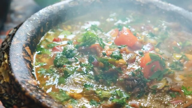 A delicious and hearty vegetable soup with spices and fresh herbs.