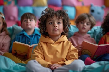Fototapeta premium Children Enthralled by Storytime in Cozy Reading Nook During Cozy Afternoon